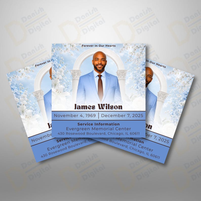 Light Blue Floral Funeral Announcement, Editable Memorial Invitation ...