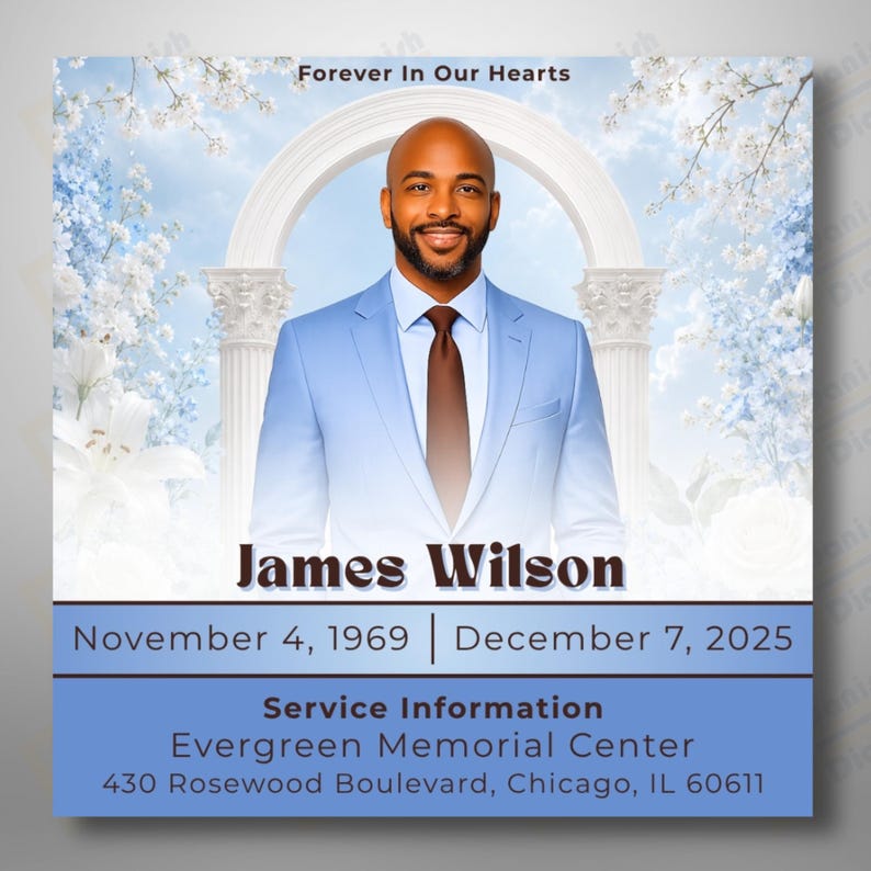 Light Blue Floral Funeral Announcement, Editable Memorial Invitation ...