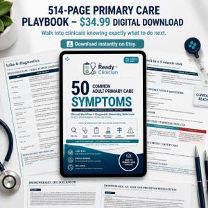 May include: A 514-page digital primary care playbook titled 50 Common Adult Primary-Care Symptoms by The Ready Clinician. The document features clinical workflows, diagnostic reasoning references, and medical icons on a white background.