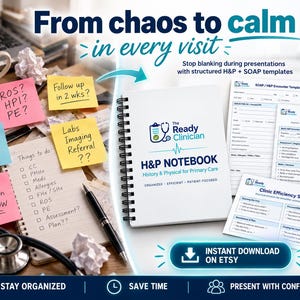 May include: A spiral-bound H&P Notebook for primary care clinicians, featuring a white cover with the text The Ready Clinician, H&P Notebook, History & Physical for Primary Care. Includes printed SOAP and H&P encounter templates and clinic scripts.