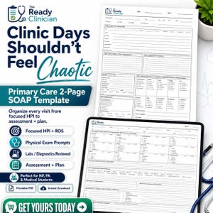 May include: A two-page SOAP note template for clinicians, featuring the text The Ready Clinician, Clinic Days Shouldn't Feel Chaotic, and Primary Care 2-Page SOAP Template. The document includes sections for HPI, ROS, physical exam, and assessment.