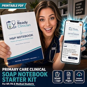 Peut inclure: Un carnet H&P blanc intitulé The Ready Clinician avec une icône de stéthoscope et des accents bleus, accompagné d'un smartphone affichant une page produit Etsy pour un kit de démarrage de carnet SOAP clinique pour étudiants en médecine.