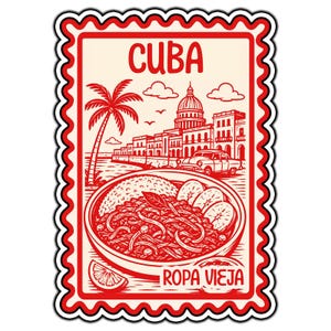 May include: A rectangular sticker with a scalloped edge featuring a red and cream illustration of a Cuban scene. The design includes the text CUBA and ROPA VIEJA, a palm tree, a domed building, a vintage car, and a bowl of food with a lime wedge.