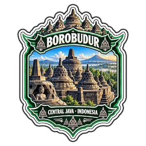 May include: A decorative sticker featuring the Borobudur temple complex in Central Java, Indonesia. The design includes a detailed illustration of stone stupas, a Buddha statue, and a mountain landscape, with the text Borobudur and Central Java Indonesia.