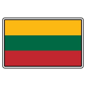 Puede incluir: Una bandera rectangular que presenta tres franjas horizontales de igual anchura. La franja superior es amarilla, la central es verde y la inferior es roja. Toda la bandera está encerrada dentro de un borde negro fino y definido.