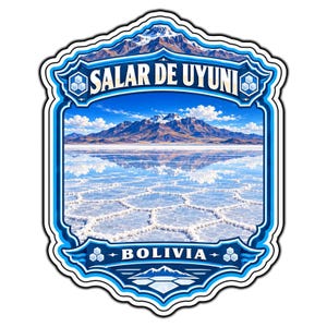 Puede incluir: Una pegatina decorativa con un paisaje del Salar de Uyuni en Bolivia. El diseño incluye una imagen central de salares con patrones hexagonales, una cordillera y un cielo azul. El texto dice Salar de Uyuni y Bolivia.