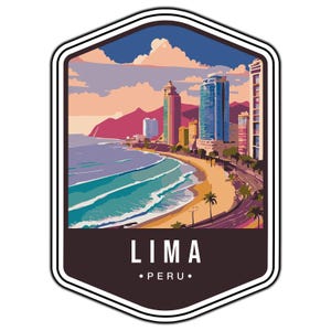 May include: A hexagonal sticker featuring a stylised illustration of the Lima, Peru coastline. The image displays a sandy beach, turquoise ocean waves, and a city skyline with tall buildings against a sunset sky. The text LIMA PERU is at the bottom.