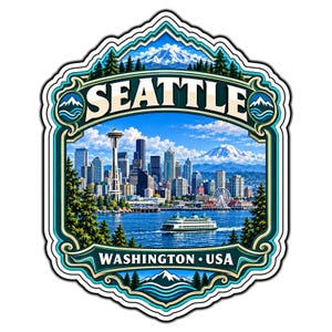 Pode incluir: Um autocolante decorativo com o horizonte de Seattle, incluindo a Space Needle e um ferry na água. O design é emoldurado por árvores de folha perene e montanhas, com o texto SEATTLE no topo e WASHINGTON USA na parte inferior.