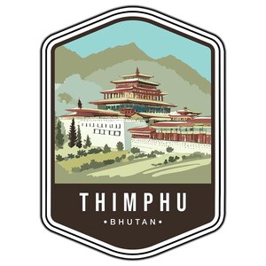 May include: A hexagonal sticker featuring a stylised illustration of a multi-tiered building in Thimphu, Bhutan. The scene includes mountains in the background, green foliage, and a dark brown base with the white text THIMPHU BHUTAN.