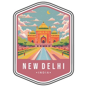 May include: A hexagonal sticker featuring a stylised illustration of a red and gold building with domes, a central reflecting pool, green trees, and a light blue sky with clouds and a crescent moon. The text NEW DELHI INDIA is printed at the bottom.