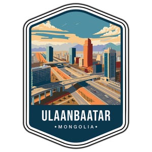 May include: A hexagonal sticker featuring a stylised illustration of the Ulaanbaatar city skyline in Mongolia. The design includes tall buildings, a multi-level highway with cars, and distant mountains under a blue sky. The text reads ULAANBAATAR MONGOLIA.