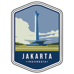 Peut inclure: Un autocollant hexagonal présentant une illustration stylisée du Monument National de Jakarta, en Indonésie. Le design utilise des tons de bleu, crème et vert olive, avec le texte JAKARTA et INDONESIA imprimé en blanc en bas.