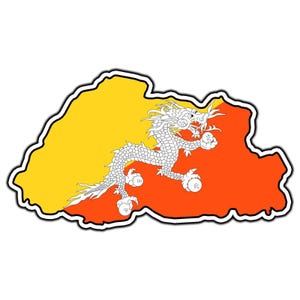 May include: A die-cut sticker shaped like the map of Bhutan, featuring a yellow left side and an orange right side. A white dragon with black outlines is centred across the two colours, holding white spheres in its claws, with a black border.