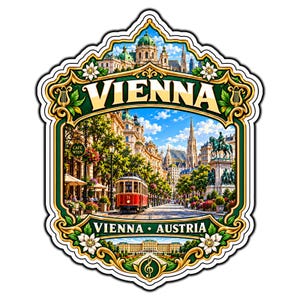 Könnte beinhalten: Ein dekorativer Aufkleber mit einer detaillierten Illustration einer Wiener Straßenszene mit einer roten Straßenbahn, historischen Gebäuden und einer Statue. Das Design ist von einem verzierten grün-goldenen Rand mit weißen Blumen und dem Text VIENNA AUSTRIA umrahmt.