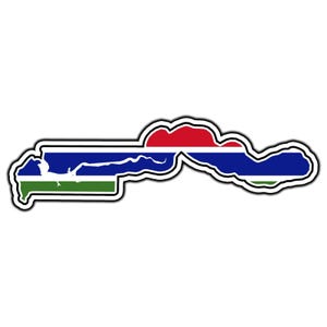 May include: A sticker shaped like the map of The Gambia, featuring the national flag design with horizontal stripes of red, blue, and green separated by thin white lines. The sticker has a distinct white border outlining the country's shape.