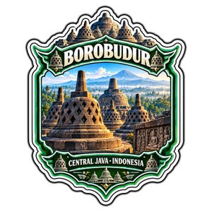 May include: A decorative sticker featuring the Borobudur temple in Central Java, Indonesia. The design includes stone stupas, a mountain landscape, and the text BOROBUDUR and CENTRAL JAVA INDONESIA framed by a green and white border with small icons.