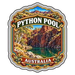 May include: A decorative sticker featuring a landscape illustration of Python Pool in Australia. The scene shows red rock cliffs, a turquoise water pool, and eucalyptus trees, framed by a scalloped border with the text Python Pool Australia.