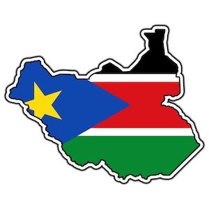 May include: A sticker shaped like the map of South Sudan, featuring the national flag colours of black, red, green, white, and blue, with a yellow star centred on a blue triangle on the left side, all outlined with a thick white border.