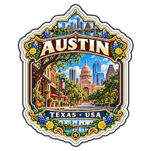 Puede incluir: Una pegatina decorativa con la palabra AUSTIN en letras grandes en la parte superior y TEXAS USA en la parte inferior. El diseño muestra el horizonte de la ciudad, el Capitolio del Estado de Texas, una guitarra y una bandera de Texas, con rosas amarillas y altramuces.