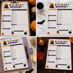 Peut inclure: Une feuille de planification et de suivi d'Halloween avec une illustration de maison hantée, une section compte à rebours et diverses listes de tâches. Le document comprend des sections pour le budget, les habitudes et des notes, décorées de citrouilles.