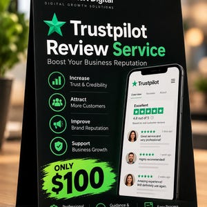Könnte beinhalten: Ein schwarzes, dreieckiges Tischaufsteller-Schild mit dem CreateX Digital-Logo, dem Text Trustpilot Review Service und einer Smartphone-Grafik mit Fünf-Sterne-Bewertungen. Es enthält grüne Symbole, geschäftliche Vorteile und den Text ONLY $100.