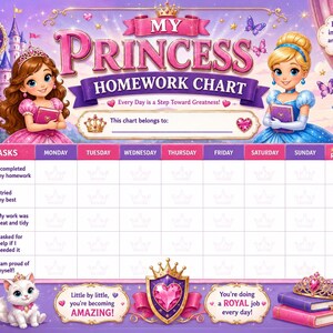 Princess Homework Chart, Weekly Reward Tracker, Kids Routine (Digital Download)