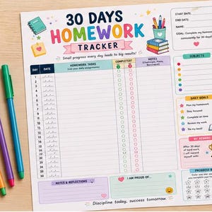 Può includere: Un foglio di monitoraggio dei compiti di 30 giorni con intestazioni colorate, un elenco di attività giornaliere, una barra di avanzamento con 30 stelle e sezioni per gli obiettivi. Il testo include '30 DAYS HOMEWORK TRACKER', 'Small progress every day leads to big results!' e 'Discipline today, success tomorrow.'