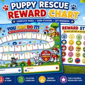 Op de afbeelding: Een tweedelige beloningskaartenset met Paw Patrol-thema, bestaande uit een voortgangsbord met een genummerd pad van 1 tot 26, kleurrijke illustraties van personages en een apart vel met ronde beloningsstickers met diverse iconen.