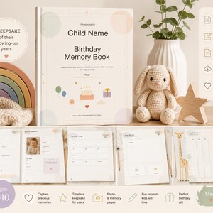 Può includere: Un libro dei ricordi di compleanno con copertina color crema che riporta il testo Child Name, Birthday Memory Book e illustrazioni di palloncini, una torta e un regalo. Il libro include pagine interne con spazi per foto, preferiti e traguardi.