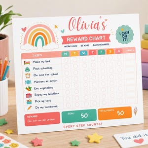 Puede incluir: Una tabla de recompensas blanca para Olivia con un arcoíris, una lista de tareas y una cuadrícula semanal. La tabla incluye textos como Olivia's Reward Chart, I Can Do It y Every Step Counts, con secciones coloridas para tareas y objetivos.