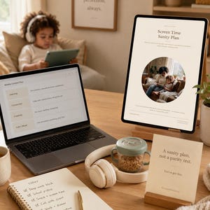 May include: A digital tablet on a wooden stand displaying a Screen Time Sanity Plan, a laptop showing a Weekly Content Plan, a beige snack cup with cereal, beige headphones, and a notepad with a daily to-do list and a gold pen on a wooden desk.