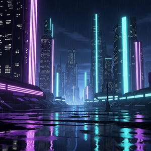 Könnte beinhalten: Eine futuristische Stadtlandschaft bei Nacht mit hoch aufragenden Wolkenkratzern, die von leuchtenden violetten und cyanfarbenen Neonstreifen erhellt werden. Der dunkle, nasse Boden reflektiert die Architektur unter einem regnerischen Himmel.