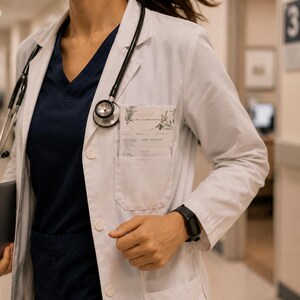 Puede incluir: Una bata de laboratorio blanca sobre una camiseta de uniforme azul marino, con un estetoscopio alrededor del cuello y un bloc de notas clínico con detalles florales en el bolsillo. Un reloj digital negro se lleva en la muñeca.