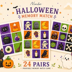 Könnte beinhalten: Ein ausdruckbares Nimbo Halloween Memory-Spiel mit drei Kartenbögen, die Illustrationen von Mumien, Grabsteinen, Monden, Spinnen, Zuckermais, Kesseln, Zaubertränken, Besen, Lollis, Kerzen, Krähen, Spukhäusern, Totenköpfen und Knochen zeigen.