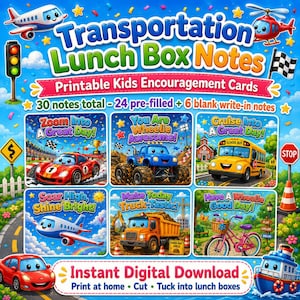 Peut inclure: Un ensemble de notes de boîte à lunch imprimables sur le thème du transport avec des véhicules de dessin animé comme une voiture de course, un camion monstre, un bus scolaire, un avion et un vélo, avec le texte Zoom Into A Great Day.