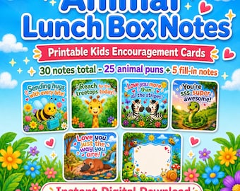 May include: A set of printable lunch box notes featuring colorful animal illustrations and puns. The text includes Animal Lunch Box Notes, Printable Kids Encouragement Cards, 30 notes total, 25 animal puns, 5 fill-in notes, and Instant Digital Download.