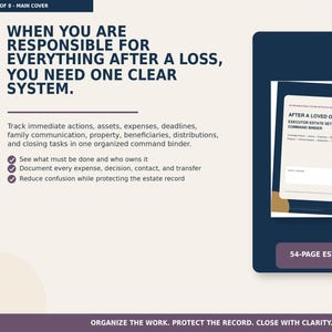 May include: A 54-page estate settlement command binder with a dark blue cover. The text reads: When you are responsible for everything after a loss, you need one clear system. After a loved one passes executor estate settlement command binder.