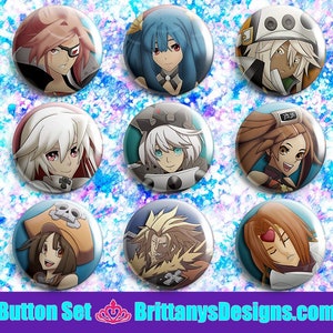 May include: Nine round buttons featuring anime-style character portraits. Each button has a glossy finish and a unique character design with varying hair colors and expressions. The buttons are set against a blue and white patterned background. The text "Button Set" and "BrittanysDesigns.com" are at the bottom.