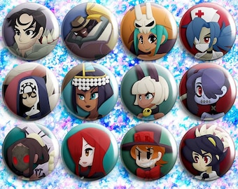 Skullgirls Pin-back Button Badges | Beowolf Big Band Cerabella Double Eliza Filia Ms Fourtune Painwheel Parasoul Peacock Squigly Valentine