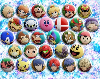 Super Smash Bros Pin-back Button Badges | Mario Sonic Donkey Kong Kirby Star Fox Fire Emblem Olimar Ness Pacman Shulk Banjo Kazooie Metroid