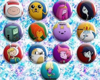 Adventure Time Pin-Back Button Badges | Finn Jake BMO Bubble Gum Marceline Flame Ice King LSP Rainicorn Fionna Cake Gumball Marshall Lee