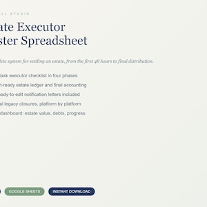 Estate Executor Spreadsheet, Probate Checklist Tracker, After Death Planner Excel Google Sheets, Estate Inventory Organizer, 14 Letters