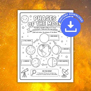 Può includere: Una scheda didattica in bianco e nero intitolata Phases of the Moon che presenta un'illustrazione centrale della Terra circondata da cinque diagrammi delle fasi lunari, frecce, etichette, un telescopio e l'icona di una parabola.