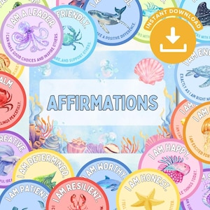 May include: A collection of circular stickers featuring various sea creatures and positive affirmations. The central rectangular label displays the word AFFIRMATIONS, surrounded by illustrations of an octopus, whale, crab, turtle, and jellyfish.