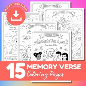 May include: A collection of 15 black and white coloring pages featuring religious themes, children, and nature scenes. Each page includes a banner labeled Memory Verse and text such as God Made You Special, Thy Word is a Lamp, and God is.
