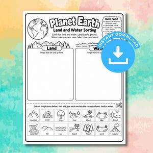 Hoja de trabajo para clasificar la tierra y el agua del planeta Tierra, actividad de geografía para recortar y pegar, material imprimible para desarrollar habilidades básicas de cartografía científica, PDF para jardín de infancia