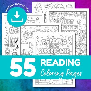 May include: A collection of 55 black and white coloring pages featuring reading-themed illustrations. Designs include animals, stars, clouds, and text such as Reading Is My Superpower and Just One More Chapter, presented in a clear, printable line art format.