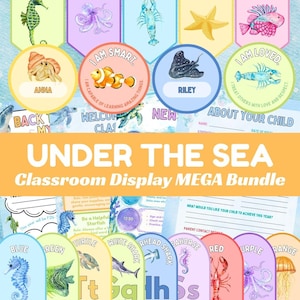 May include: An Under the Sea classroom display bundle featuring watercolour illustrations of marine life including seahorses, octopuses, lobsters, starfish, and sharks. The set includes circular name tags, alphabet cards, and informational forms with text.