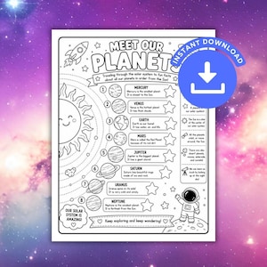 May include: A black and white educational coloring page titled Meet Our Planets featuring a sun, a rocket, an astronaut, and numbered illustrations of the eight planets with descriptive text about each one and a blue instant download icon.