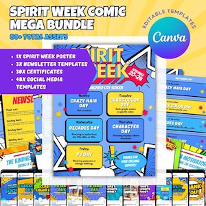 May include: A digital bundle of Spirit Week comic-themed templates featuring a poster, newsletter, certificates, and social media assets. The design uses a blue, yellow, and white colour palette with comic book style graphics and bold text.